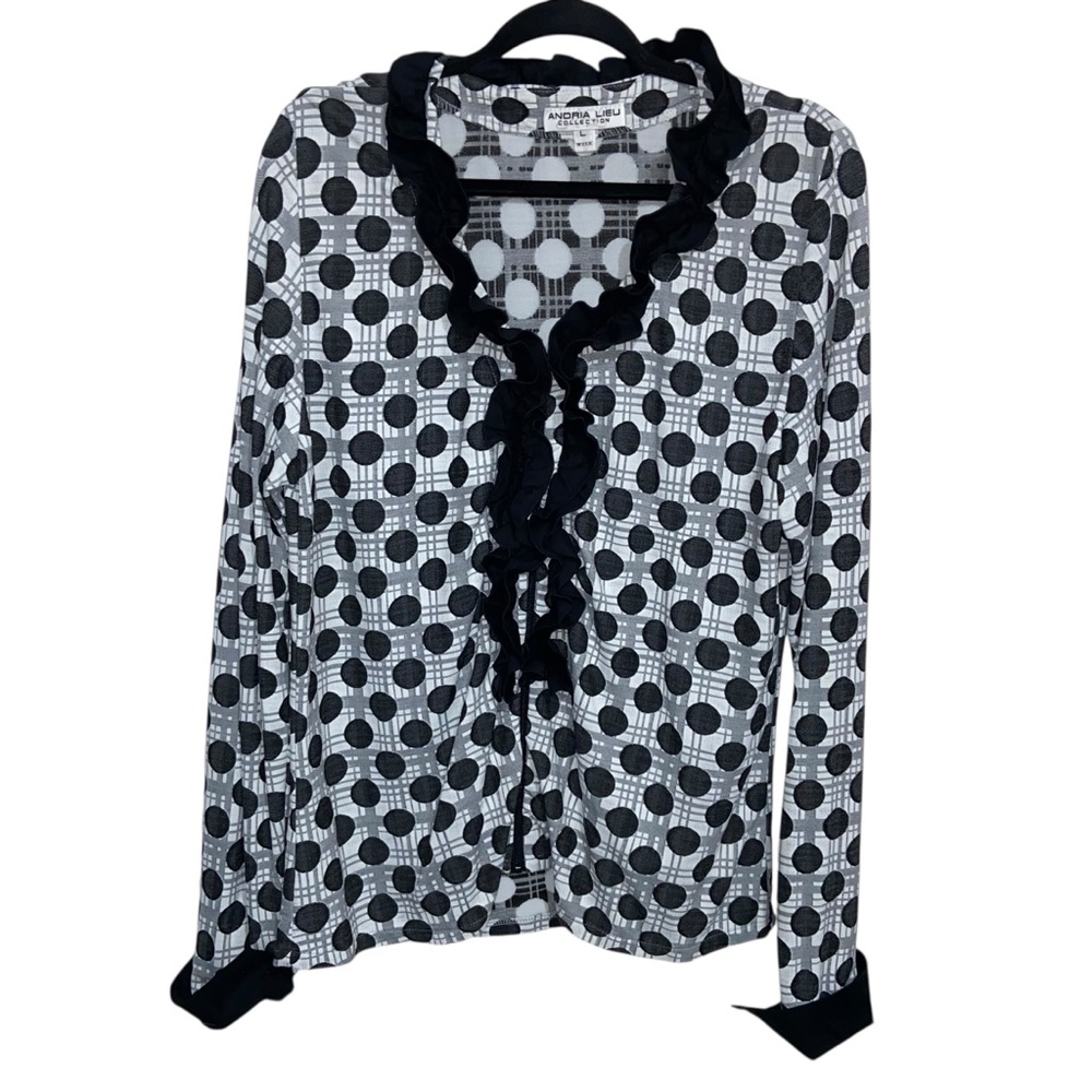 Andria Lieu Top Womens Large Zip Ruffle Polka Dot Artsy Vintage USA Lagenlook